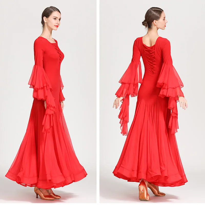 Elegant Chiffon Sleeves Strapped Women Ballroom Dance Costumes Wiennese Waltz Dress Dance Wear Ball Gown