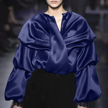 

ZANZEA Fashion Satin Shirt Women Puff Sleeve Solid Blouse Spring Elegant Casual Pleated Tops Office Blouse Work Blusas Chemise7