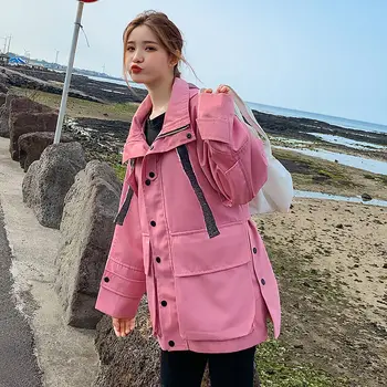 

Pink Windbreaker Female 2019 Spring and Autumn New Korean Girls Loose Long Section Trench Coat Classic Hooded Outerwear f2478