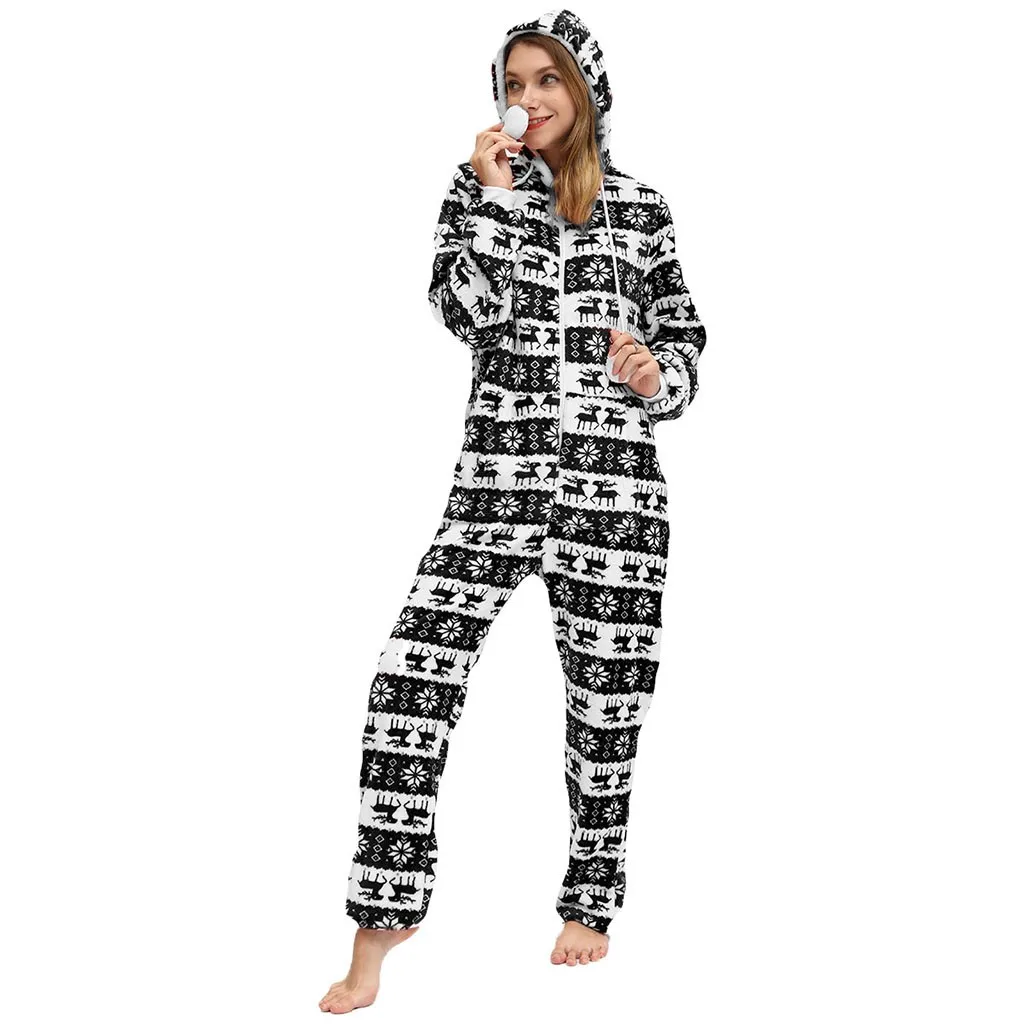 Christmas jumpsuit women Winter fashion Warm Flannel One Piece Hoodie Pajamas Printed Jumpsuit macacao feminino#guahao