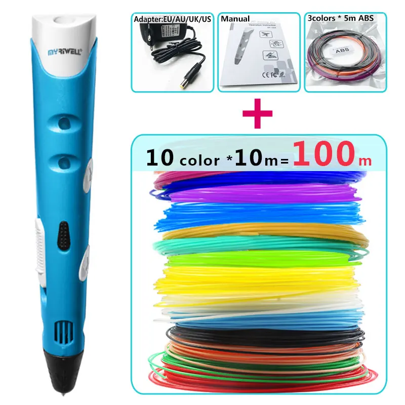 Myriwel 3d ручки+ 10*10 м ABS нити, 3 d Ручка 3d модель умный 3d принтер pen-3d волшебная ручка, детские подарки, ручка 3 d 1,75 мм ABS/PLA - Цвет: Blue pen