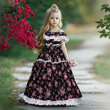 

Summer Children's Sweet Dresses Girl Printing Cotton Square Collar One-shoulder Idyllic Floral Dress Long Ruffled Dress