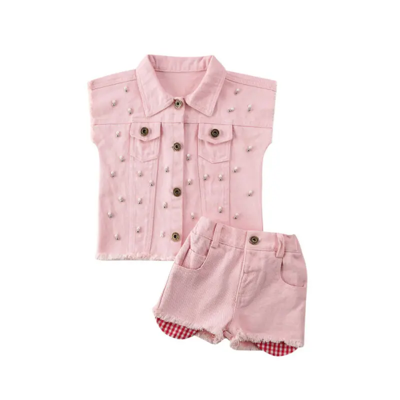 Boutique Kid Clothes 2PCS Infant Kids Baby Girl Denim Vest Tops Waistcoat+Shorts Pants 2pcs Outfit | Мать и ребенок