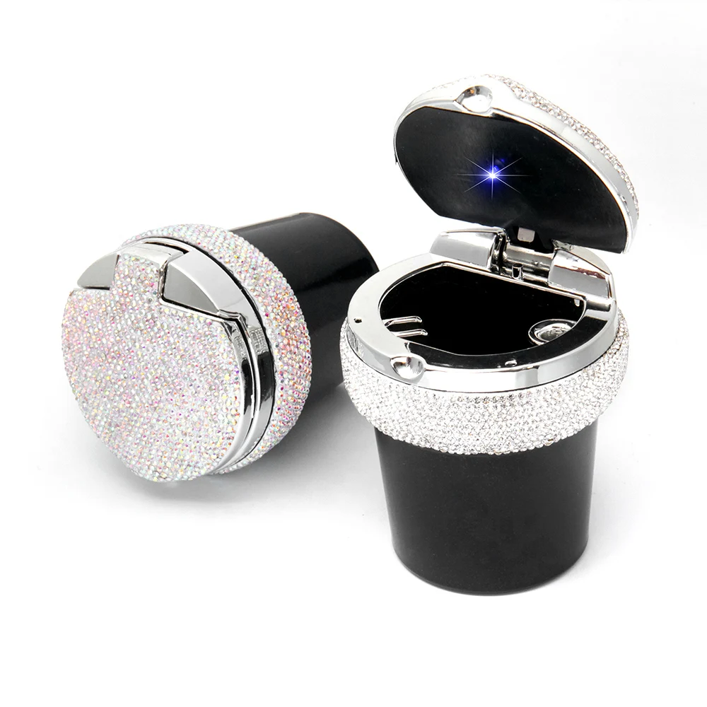 

Universal Car Ashtray Crystal Diamond Portable Smokeless Stand Cylinder Cup Holder with Cool Blue Led Light Indicator
