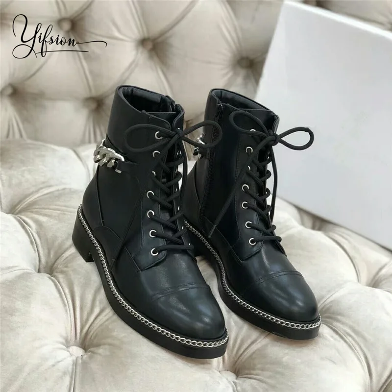 

OLOME New Black Genuine Leather Metal Chain Ankle Boots Round Toe Side Zip Thick Heel Low Heel Cool Boots Shoes Women