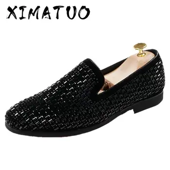 

Men Fashion Causal Shoes Spring Autumn Crystal Black Loafers Luxury Brand Smoking Slippers Prom and Party Shoes
