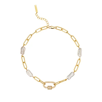 

Trend All-match Freshwater Pearl Micro-Inlaid Zircon Climbing Button Carabiner Chain Stitching Lock Necklace Female