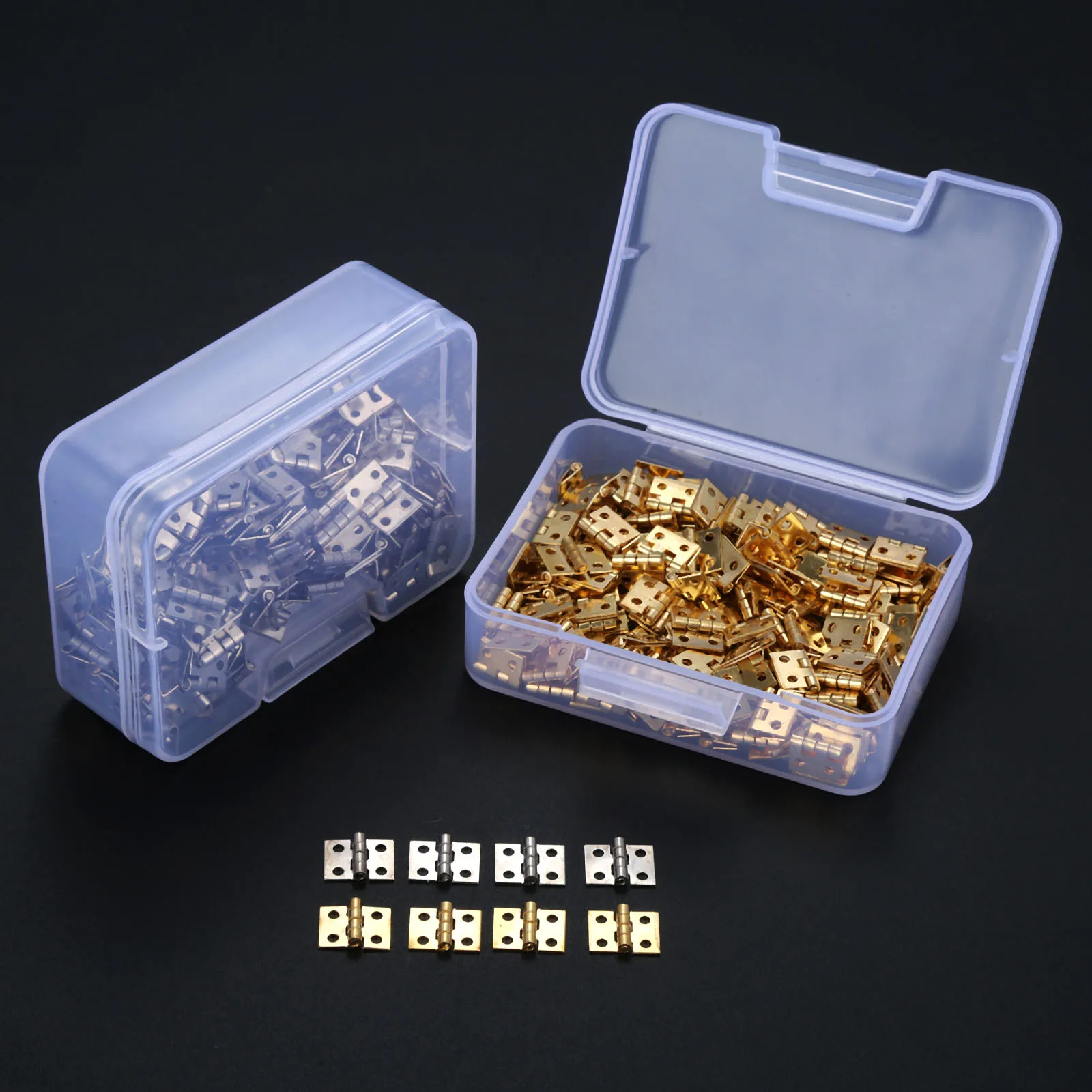100 개/상자 8*10mm 황동 미니 경첩 + 손톱 + 상자 골드/실버 4 구멍 캐비닛..