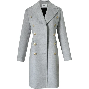 

autumn winter fashion double breasted woolen coat women slim gray long wool blends coat
