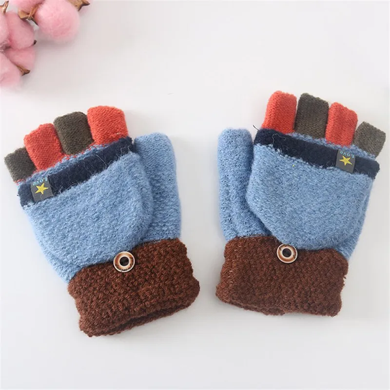 BalleenShiny/Детские теплые перчатки с откидной крышкой; детские вязаные перчатки с наполовину пальцами; складные варежки; утолщенные для мальчиков и девочек - Цвет: blue