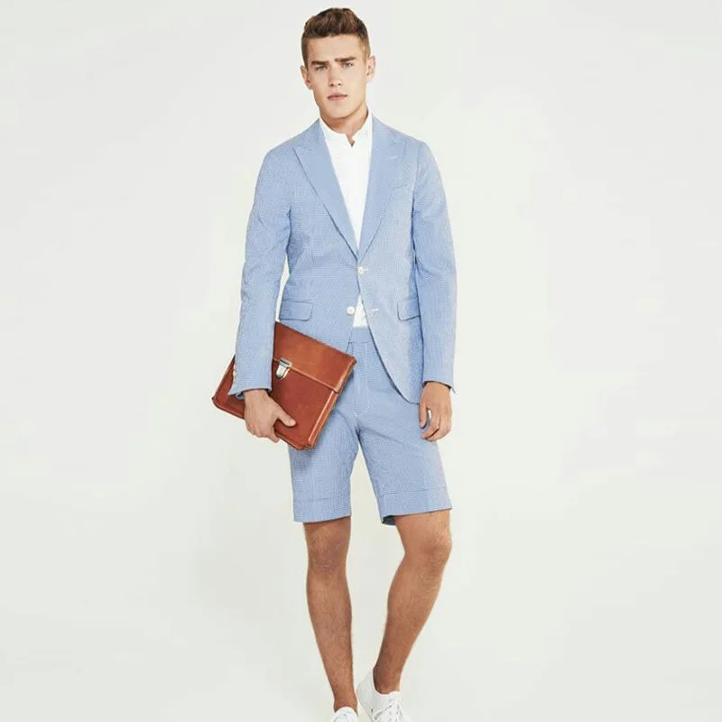 

Tailor-made Blue Linen Men Suits with Short Pants Summer Beach Slim Costume Homme 2Piece Custom Man Blazers Jacket Groom Tuxedos