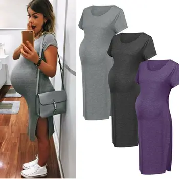 

Womens Maternity Dress Casual Summer Cotton Solid Daily Party Beach Dresses Solid Gray Short Sleeve Dress