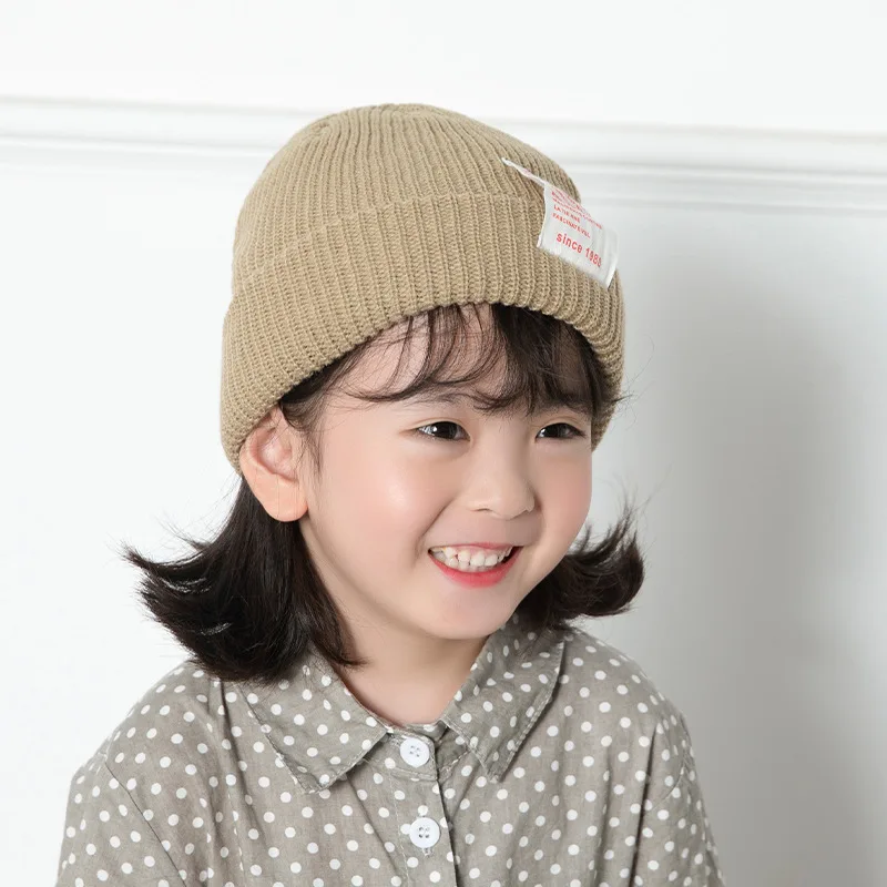 

INS Celebrity Style Solid Color Large Lettered Standard Children Knitted Hat Baby Versatile Crimping Wool Cap Skullcap