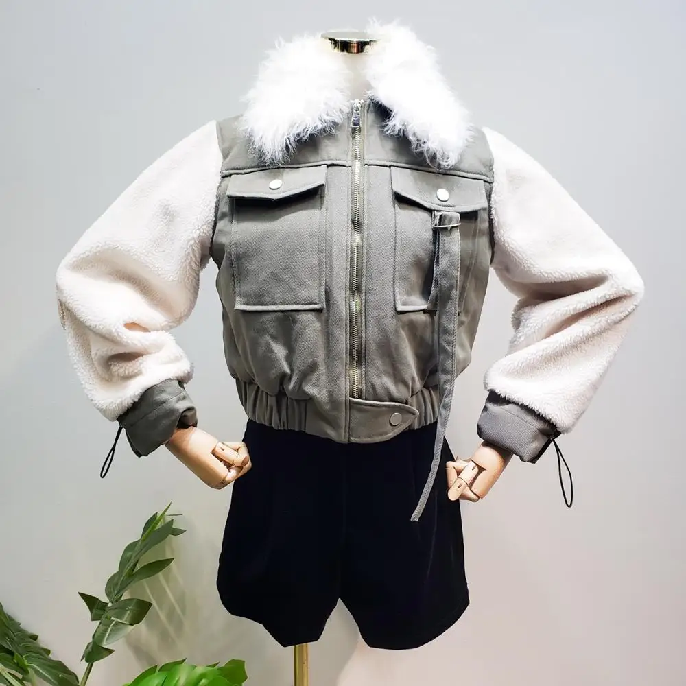 L77street Harajuku стиль ниша пушистые рукава милый Ягненок меховой воротник Короткая секция толстый хлопок Мягкий мульти-карман куртка женская