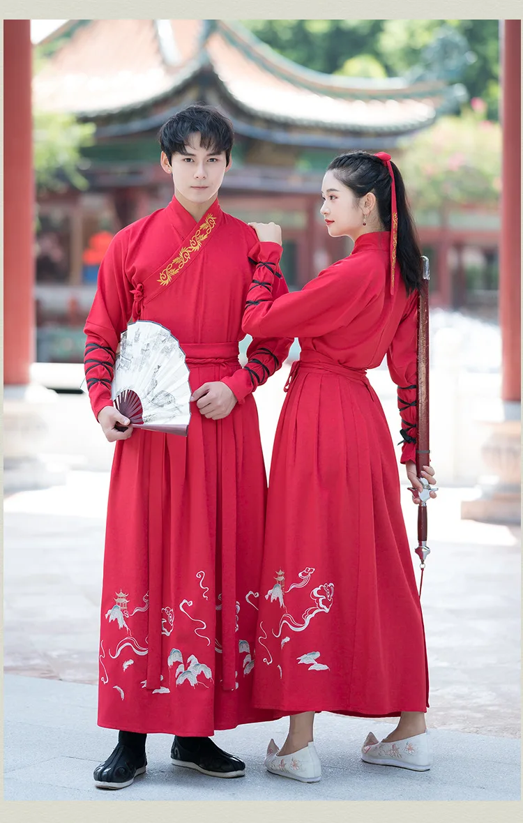 Красный Вышивка Hanfu для женщин и мужчин китайские танцевальные костюмы народная фея платье праздничный наряд Свадьба рейв представление одежда DC3179