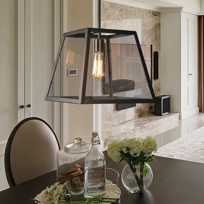 

Loft Retro Iron Glass Box Chandelier Living Room Dining Room Restaurant Bedroom Bar Table Fish Line Chandelier Bed luminaria