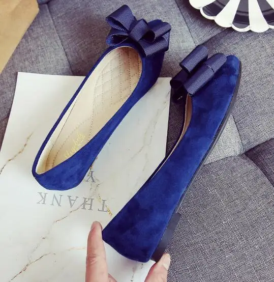 bow-knot women single shoes solid flock pointed toe shallow loafers cozy lazy slip on driving shoes black work shoes espadrilles - Цвет: Синий