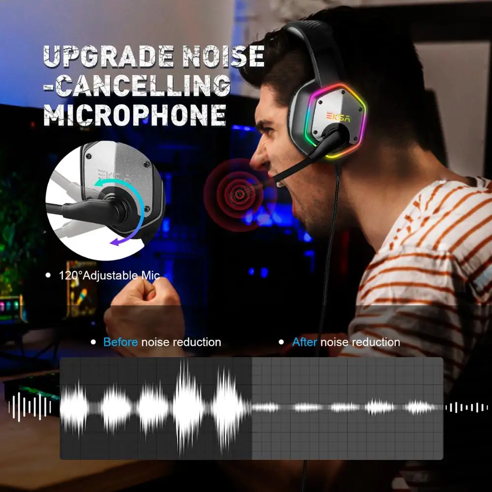 EKSA E1000 USB Проводные Игровые наушники 7,1 Virtual Surround профессиональная игровая гарнитура с микрофоном светодиодный светильник для PS4 PC зеленый серый