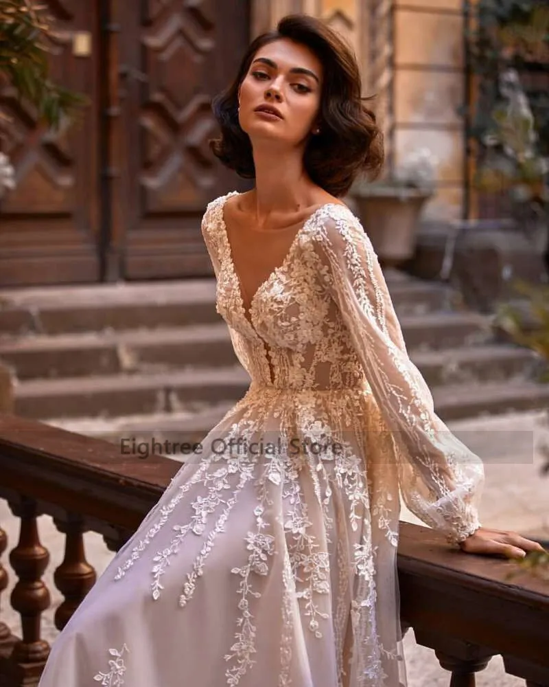 Eightree Vestido de Noiva Renda 2021 Lace Wedding Dresses Women Long Sleeve Bride Dress V Back Champagne Vintage Wedding Gowns 3