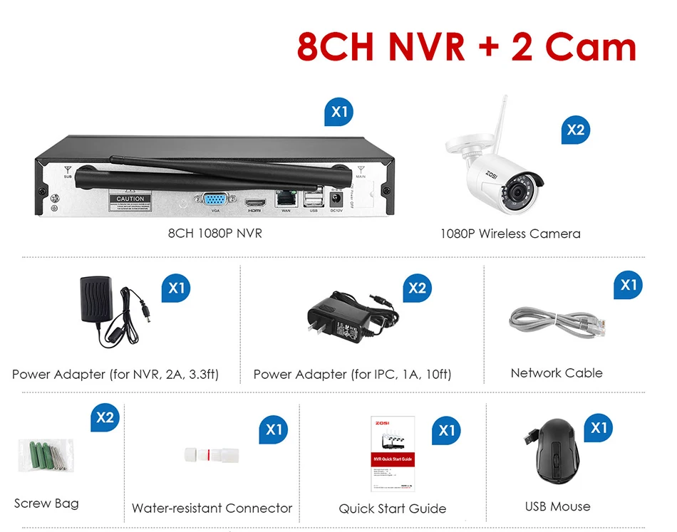 ZOSI 8CH Wireless CCTV System 8CH H.265 3MP NVR with 1080p 2MP Outdoor Camera IP Security System WiFi Video Surveillance Kit