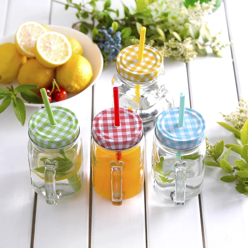 

Mason Cup Glass Retro Handle Cup Large Capacity Juice Drink Cup Creative With Lid Straw With Handle Cold Drink Cup 450ML