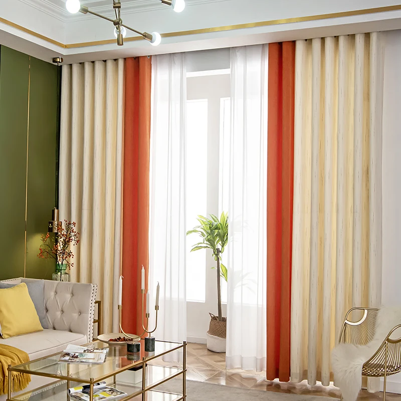 

Custom curtains Nordic Splicing shading Chenille orange Jacquard Beige blackout curtain livingroom thick bedroom tulle M1118