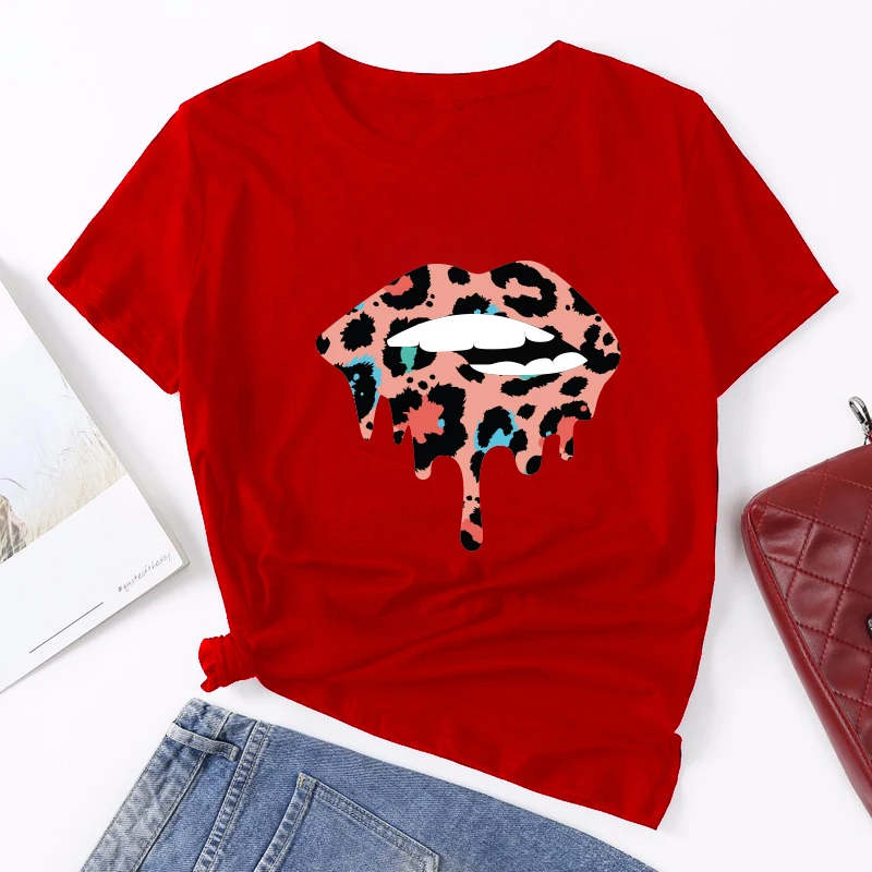 Summer Fashion Shirt Lips Leopard Graphic T Shirt Women Harajuku Tops  O-neck 4 colors Tee Kiss Lip Funny Girls  T-shirt