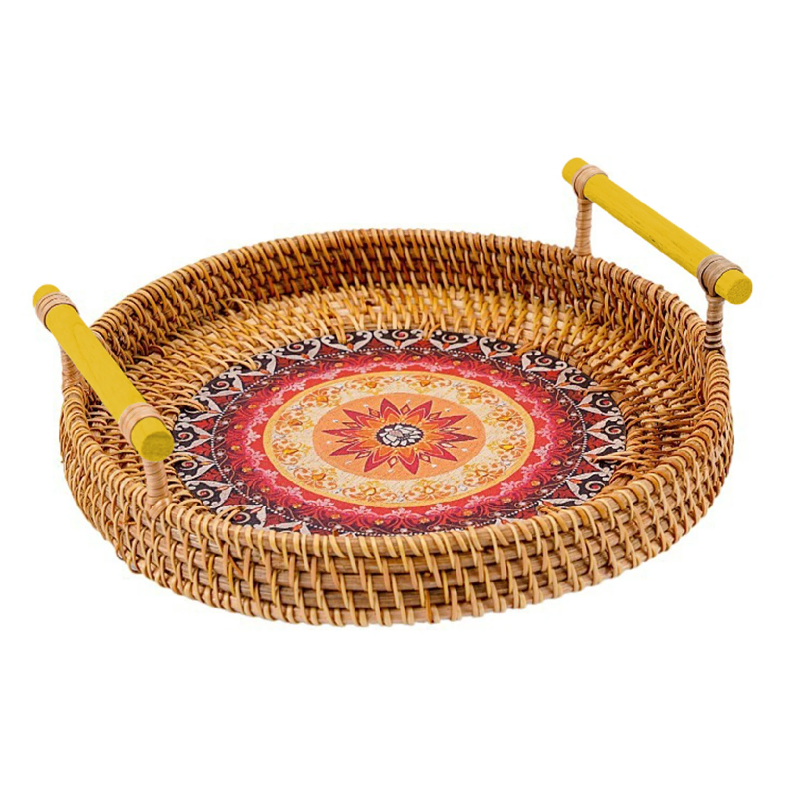 28cm Rattan Handwoven Round Serving Tray Food Storage Plate With Wooden Handles Wicker Basket For Fruit Breadbasket | Дом и сад