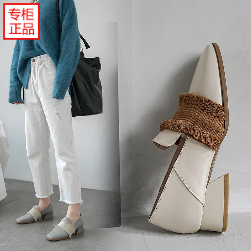 

2019 Spring New Style Slip-on Chunky-Heel Genuine Leather Square Head Shoes Women's Tassels Step on with Flat Top Shoes Versatil