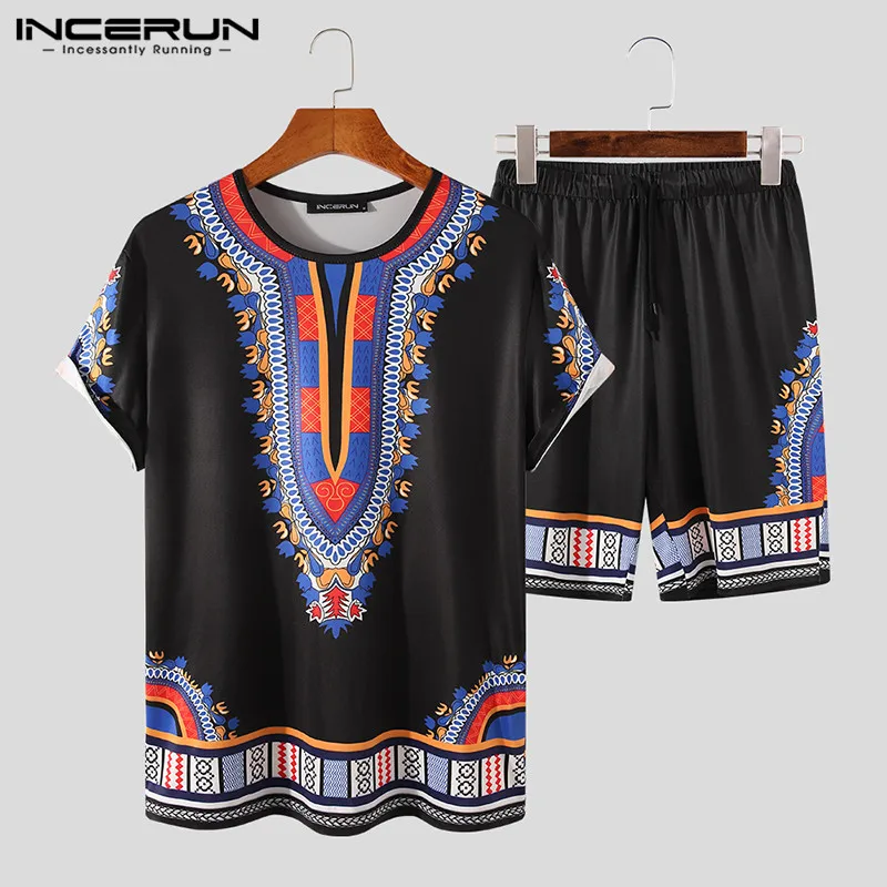 Casual Shorts Suits Printed-Sets T-Shirt Streetwear Dashiki Men Incerun Men African 2pieces