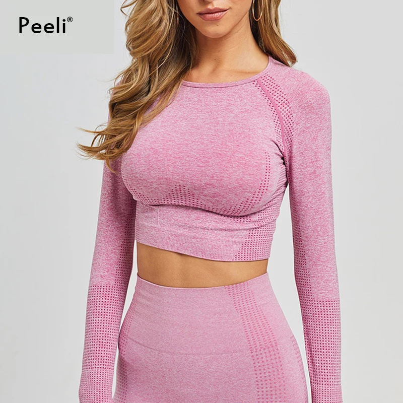 Peeli Long Sleeve Gym Crop Top Sports Yoga Top Women Seamless T-Shirts Fitness Crop Sport Active Wear Workout Athletic Shirt