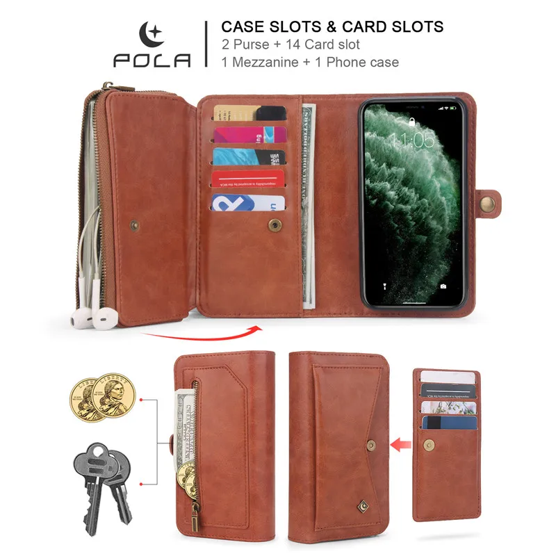 Роскошный чехол для карт телефона Mulit для iPhone 11 Pro XS Max XR X 7 8 6 6s Plus Магнитный съемный кожаный кошелек чехол для ручных сумок