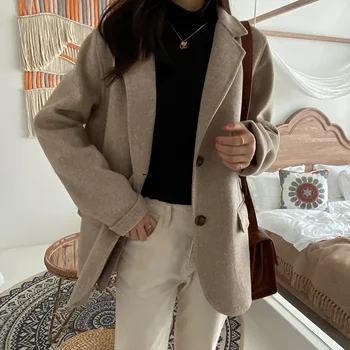 

Autumn and winter women's coat casual solid color single-breasted pocket decorative coat