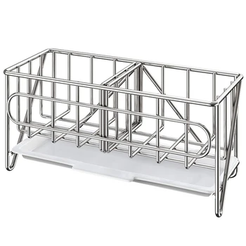 

Sink Caddy Organizer Countertop Sponge Brush Soap Holder with Drain Pan Stainless Steel for Kitchen