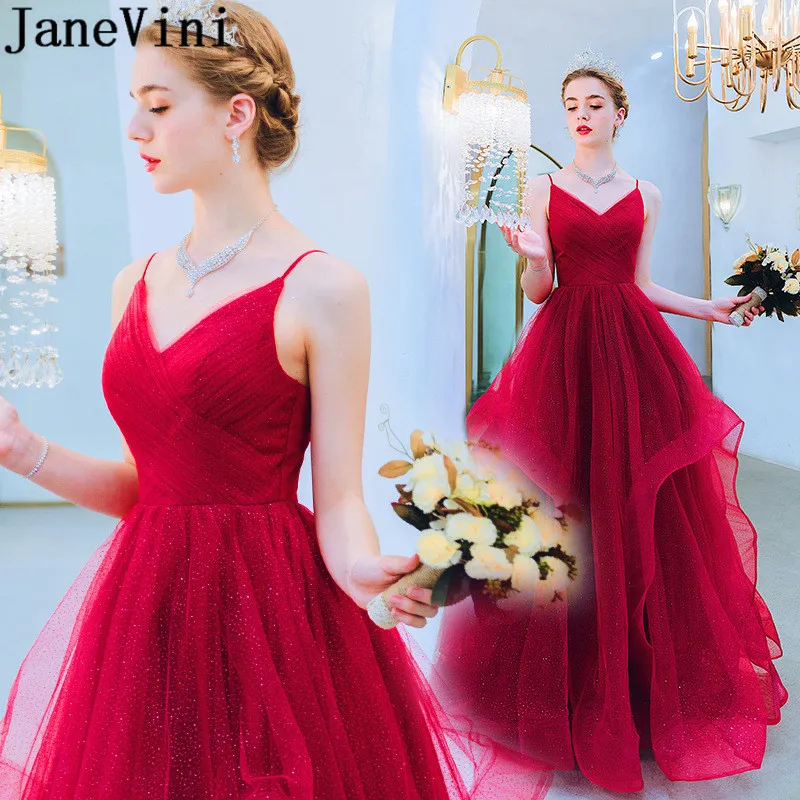 JaneVini Blingbling блестящие Выпускные платья Burgundy длинные Тюль v-образным вырезом линии женские платья для торжественных событий выпускного вечера