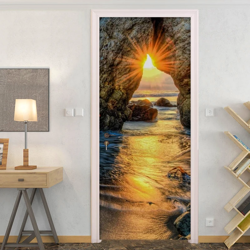 Креативные DIY самоклеющиеся водонепроницаемые дверные обои пляжный закат пейзаж 3D наклейки на двери ПВХ Наклейки на стены Гостиная Спальня