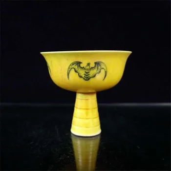 

Jingdezhen Porcelain Yellow Glaze Longevity Five Bats Pattern Goblet Buddhist Offering Cup Auspicious Home Decoration Gift