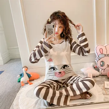 

Pajamas Sets Cotton Nightwear Big Yards Cartoon Pyjamas Women Spring Sleepwear suit home clothes Sets Homewear Pijamas Mujer