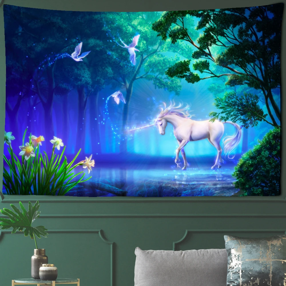 WhiteHorseTapestryUnicornTapestryHomeDecorationSofaCarpetForestSceneryLivingRoomWallHanging-AliExpress