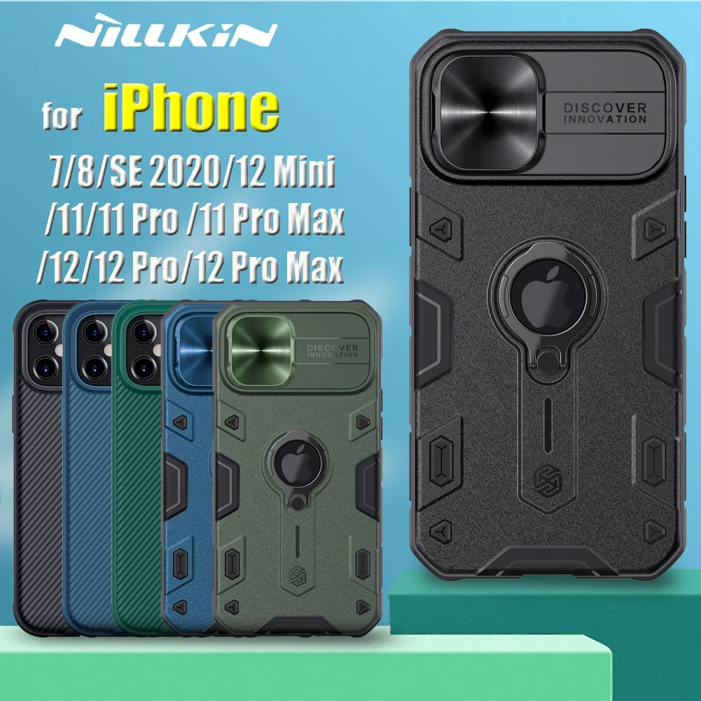 for Apple iPhone 12 11 Pro Max 12 Mini Case 8 7 SE 2020 Capa Nillkin Armor Impact Slide Camera Lens Protection Ring Holder Cover