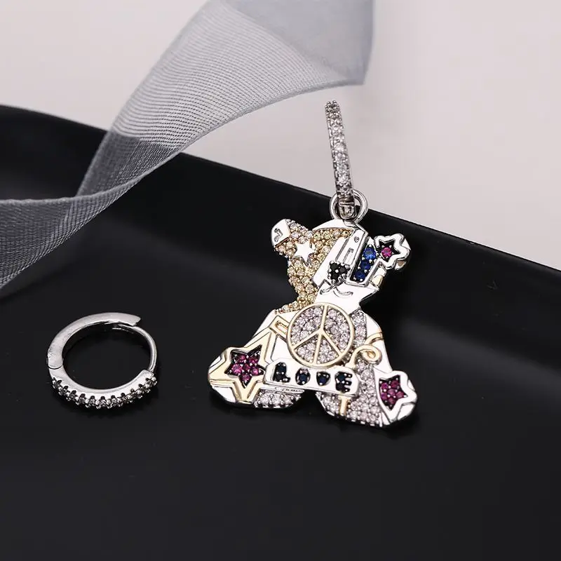 

SWOUR New Fashion Jewelry Cubic Zirconia Colorful Rhinestone Bear Anchor Love Mismatched Huggie Hoop Earrings Femme Bijoux S498