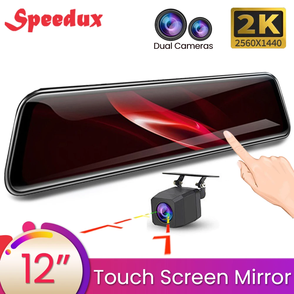 

12 Inch Car DVR 1440P Stream Media Rearview Mirror Dash Cam Touch Screen Dash Camera Dual Lens Video Recorder 2K Backup Camera