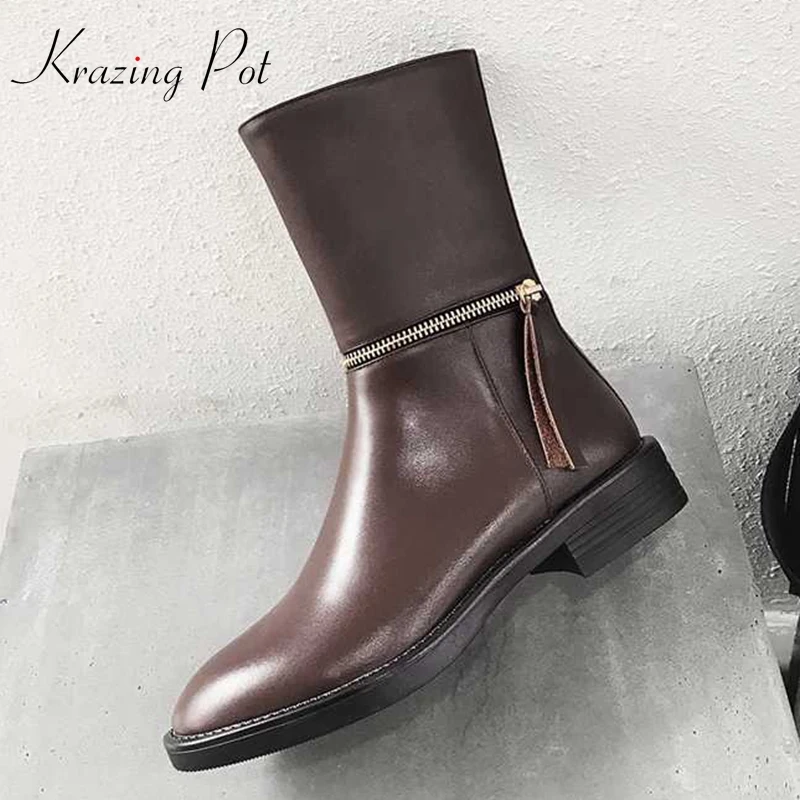 

krazing pot basic genuine leather zipper decoration low heels round toe keep warm solid art design concise mid-calf boots l6f8