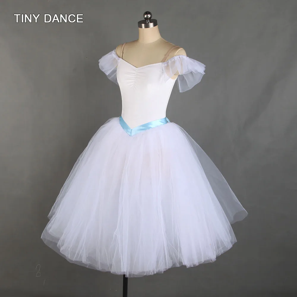 NWT BALLET COSTUME White Puff Sleeves attched tutu sequin trim Girls Szs rosette 