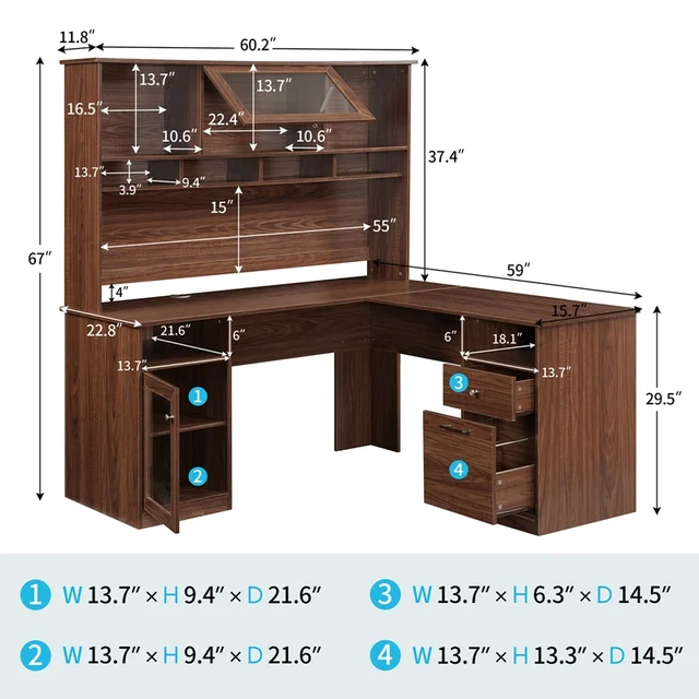 Home Office L-Shaped Desk With Hutch And Glass Doors 5