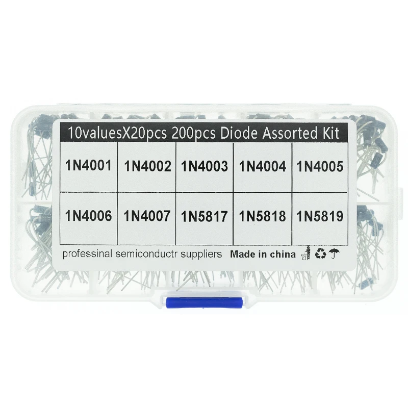 10Values x20 200pcs Rectifier Diode Schottky Assortment Electronic kit 1N4001~1N4007 1N5817 1N5818 1N5819 With storage Box