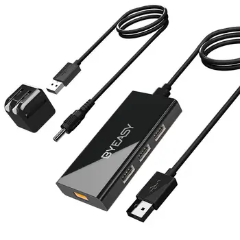 

BYEASY USB 2.0 Hub 7 Ports with 3.3 ft Long Cable, Power Adapter and 1 BC 1.2 Charging Port, Powered USB 2.0 Splitter for PC