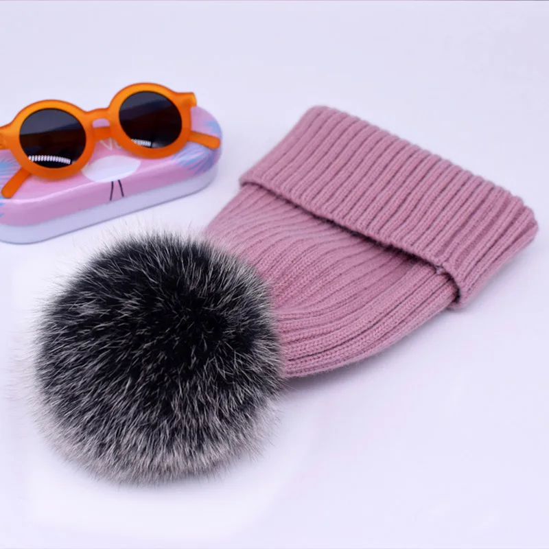pink fox fur 2 Новинка, зимняя шапка, роскошные качественные шапки с меховым помпоном, шапка высокого качества для девочек, женские зимние шапки - Цвет: pink fox fur 2