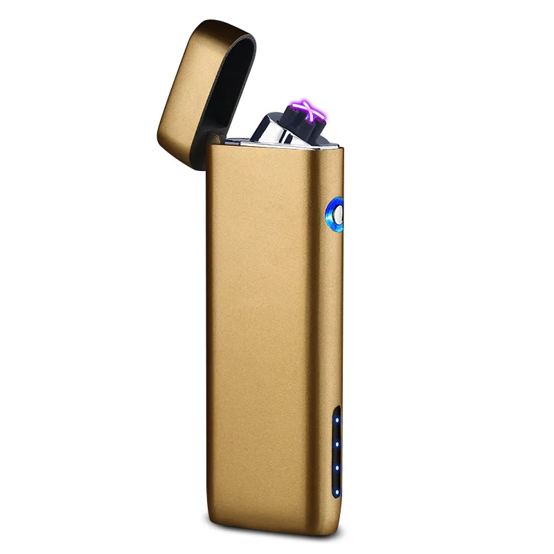 Matte Golden Металлическая USB перезаряжаемая Электронная зажигалка, ветрозащитная двойная дуговая Зажигалка для сигарет, электрические гаджеты, плазменная Зажигалка для кухни - Цвет: Matte Golden