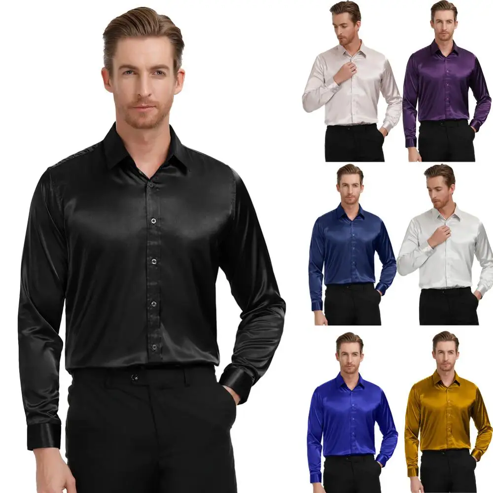 Мужская атласная рубашка стильная и приталенная однотонная деловая с длинным